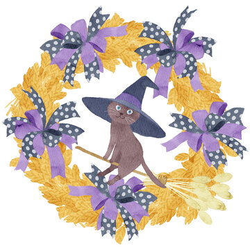 ハロウィンリボンリース　魔女ねこ・Halloween Wreath Cat