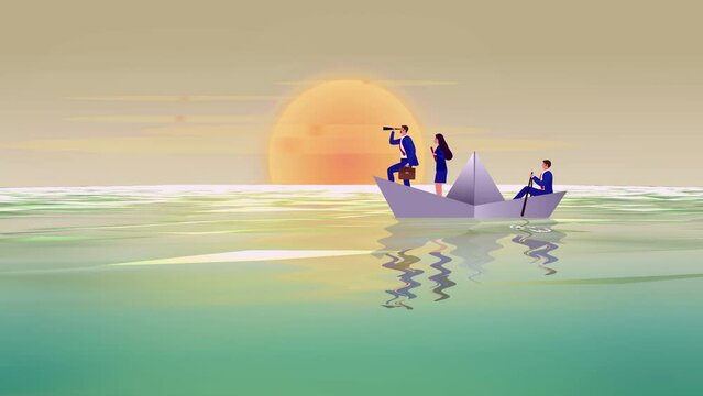 Sailing, business, Leadership, teamwork Concept. Business Leader leading. Project team searching, floating on paper boat on the ocean animation. looking through binocular. Character motion graphics