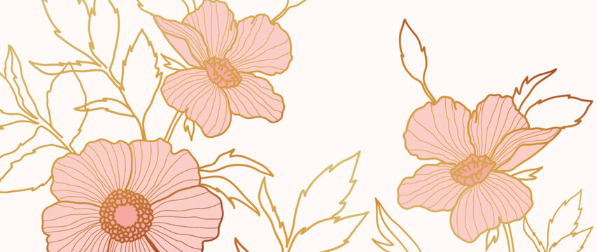 Linear vector golden background with pink flowers on a white background. Golden engraving vector art, vector background for banner, poster, web and packaging.