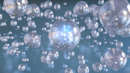 3D rendering Cosmetics Serum bubbles on defocus background. Miracle bubble design for cosmetics. Transparent balls, holographic liquid blobs floating in space, and artistic bubbles.