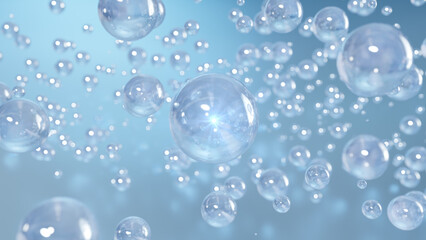 3D cosmetic rendering Bubbles of serum on a blurry background. Cosmetics miracle bubble design iridescent liquid blobs floating in space, transparent balls, and create bubbles.