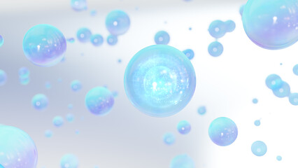 3D cosmetic rendering Blue serum bubbles against a bright background. Collagen bubble design. The essentials of the serum notion and moisturizing. Vitamins for health and beauty concept.