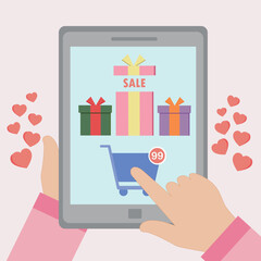 Vector woman or girl hand and tablet , finger touch online shopping cart at tablet for confirm to buy gift from online shop for online shopping banner sale ecommerce business.