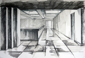 Mixed technique pencil drawing. Monochrome colors. Corridor, hall, stairs, ceiling windows. Sketch. Architecture interior.

