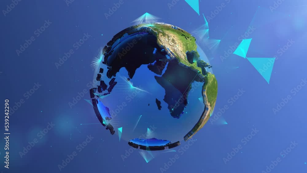 Poster earth planet assembling from toy bricks then exploding and scattering to huge pile of toy bricks and