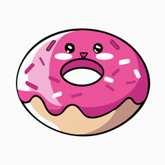 Kawaii donut illustration. Happy face vector design. Sweet doughnut dessert. Delicious bakery snack. Isolated pastry. Fun doodlge art. Colorful candy with icing. 