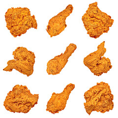 Collection of Golden Brown Fried Chickens Isolated in White