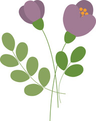 Vector illustration with pair of purple flowers with green leaves. Vector clipart with violet flowers