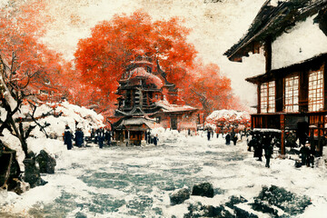 traditional japanese house shinto buddhist temple in winter  - obrazy, fototapety, plakaty