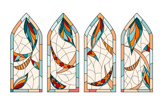 Stained glass Church windows. Set of 4 different pictures drawing in one style.
