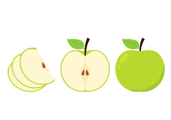 Green Apple. Bright vector set of colorful half, slice and segment of juicy green apple. Cartoons apples on a white background.