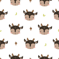 Seamless pattern with cute deers. Design for children. Vector illustration isolated on white background for textile and nursery decoration