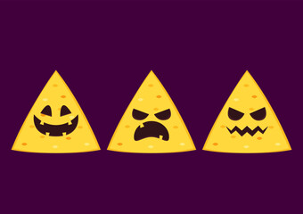 Halloween pumpkin faces on Nacho. Nacho vector. Nachos on white background.