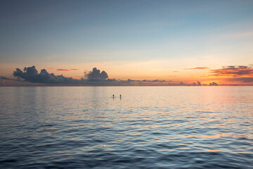paddle board surfers at quiet sea with warm sunset colors