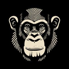 Monkey logo vector illustration. Logotype of wild animal face head. Cool grunge chimp badge. Insignia of primate. Emblem , graphic design. Hipster element. Gorilla creative modern head. Wild animal.