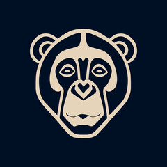 Monkey logo vector illustration. Logotype of wild animal face head. Cool grunge chimp badge. Insignia of primate. Emblem , graphic design. Hipster element. Gorilla creative modern head. Wild animal.