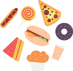 Unhealthy meal set. Junk fast food products