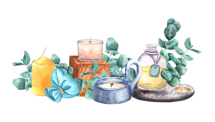 Composition with aromatic oils, eucalyptus twigs, candle. Watercolor illustration. From a set of aromatic spa.