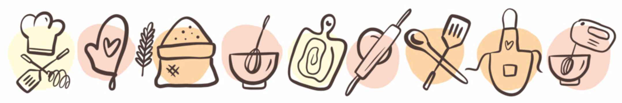 A collection of icons for bakeries and cooking with kitchen utensils hand-drawn in the style of a doodle.
