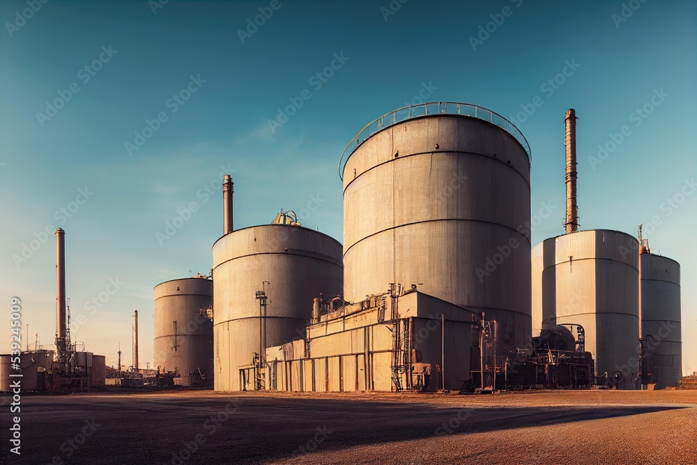 Poster a factory with a lot of tanks in the background, several large industrial tanks lined up at the fact