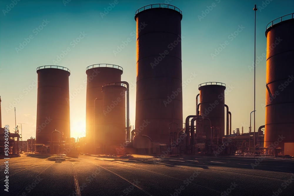 Poster the sun is setting behind a large factory, a factory with many pipes and smoke stacks. generative ai
