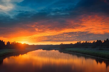 Obraz premium A beautiful and tranquil sunset over a river.