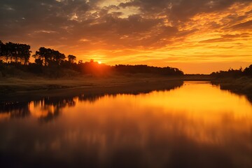Obraz premium A beautiful and tranquil sunset over a river.