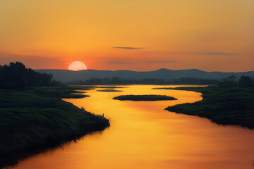 Obraz premium A beautiful and tranquil sunset over a river.