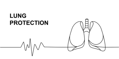 Human lungs with heart pulse one line continuous drawing. Human organ continuous one line illustration. Vector minimalist linear illustration.