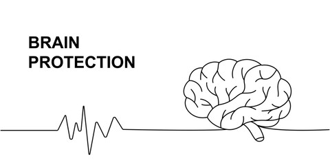 Human brain with heart pulse one line continuous drawing. Human organ continuous one line illustration. Vector minimalist linear illustration.