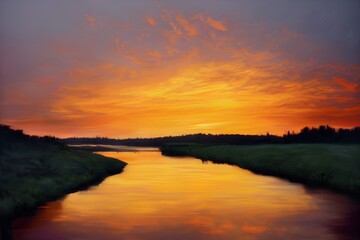 Obraz premium A beautiful and tranquil sunset over a river.