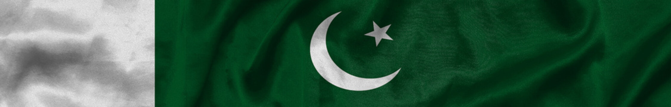 Elongated national flag of Pakistan with a fabric texture fluttering in the wind. Islamic Republic of Pakistan flag for website design. 3d illustration