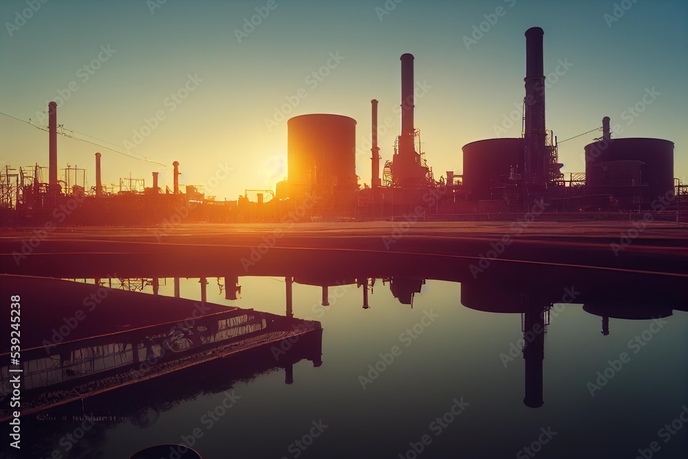 Poster the sun is setting over a large factory, the sun sets behind a factory with chimneys reflecting in w