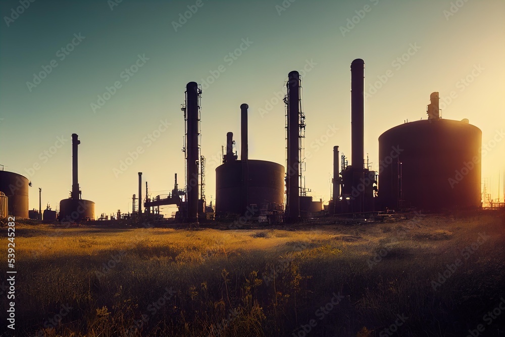 Poster a field of grass with a factory in the background, a large field full of yellow flowers in the middl