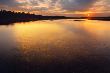 Obraz premium A beautiful and tranquil sunset over a river.