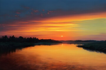 Obraz premium A beautiful and tranquil sunset over a river.