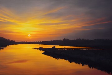 Obraz premium A beautiful and tranquil sunset over a river.