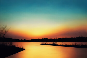 Obraz premium A beautiful and tranquil sunset over a river.