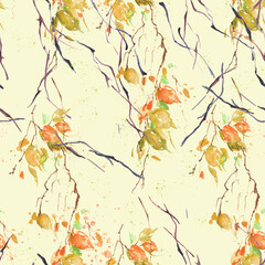 Watercolor seamless background with a pattern of  leaves, abstract . Watercolor drawing, a branch of a birch, an apple-tree, a cherry, a poplar,linden, aspen with leaves. Watercolor  abstract  splash