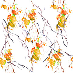 Watercolor seamless background with a pattern of  leaves, abstract . Watercolor drawing, a branch of a birch, an apple-tree, a cherry, a poplar,linden, aspen with leaves. Watercolor  abstract  splash