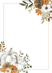 Watercolor fall pumpkin frame with rust, white and brown flowers, and foliage. Portrait orientation border with white background. - 539245895