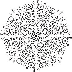 年賀状素材　手書き　卯年　丸型　モノクロ　ベクターイラスト
