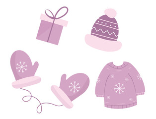 Clothes at Christmas holiday style. Vector illustrations for winter season, mittens,hat,sweater,gift