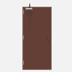 The door is a large door in brown-pink tone with knobs and handles