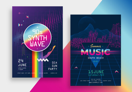 Synth Wave Music Posters Layout with Neon Colors