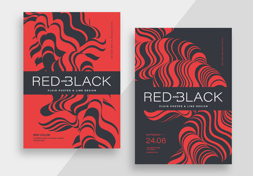 Red and Black Abstract Poster Layout with Wavy Lines