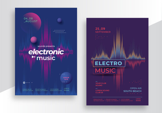 Electronic Music Posters Layout with Neon Sound Wave