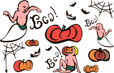 Halloween trick or treat party. Children baby in Halloween costumes set. funny cute baby cartoons. Vector illustration