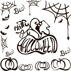 Happy Halloween lettering, vector brush calligraphy. Handwritten Halloween typography print for flyer, poster, greeting card, banner. Hand drawn decorative design element. pumpkin shape