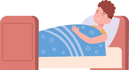 Boy sleeping in bed. Resting child. Night dream kid